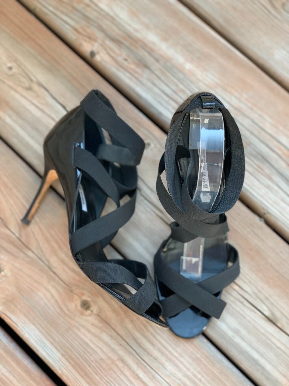 Manolo Blahnik Heels Sandals 39.5 Eletti Black Patent Leather Elastic Crisscross